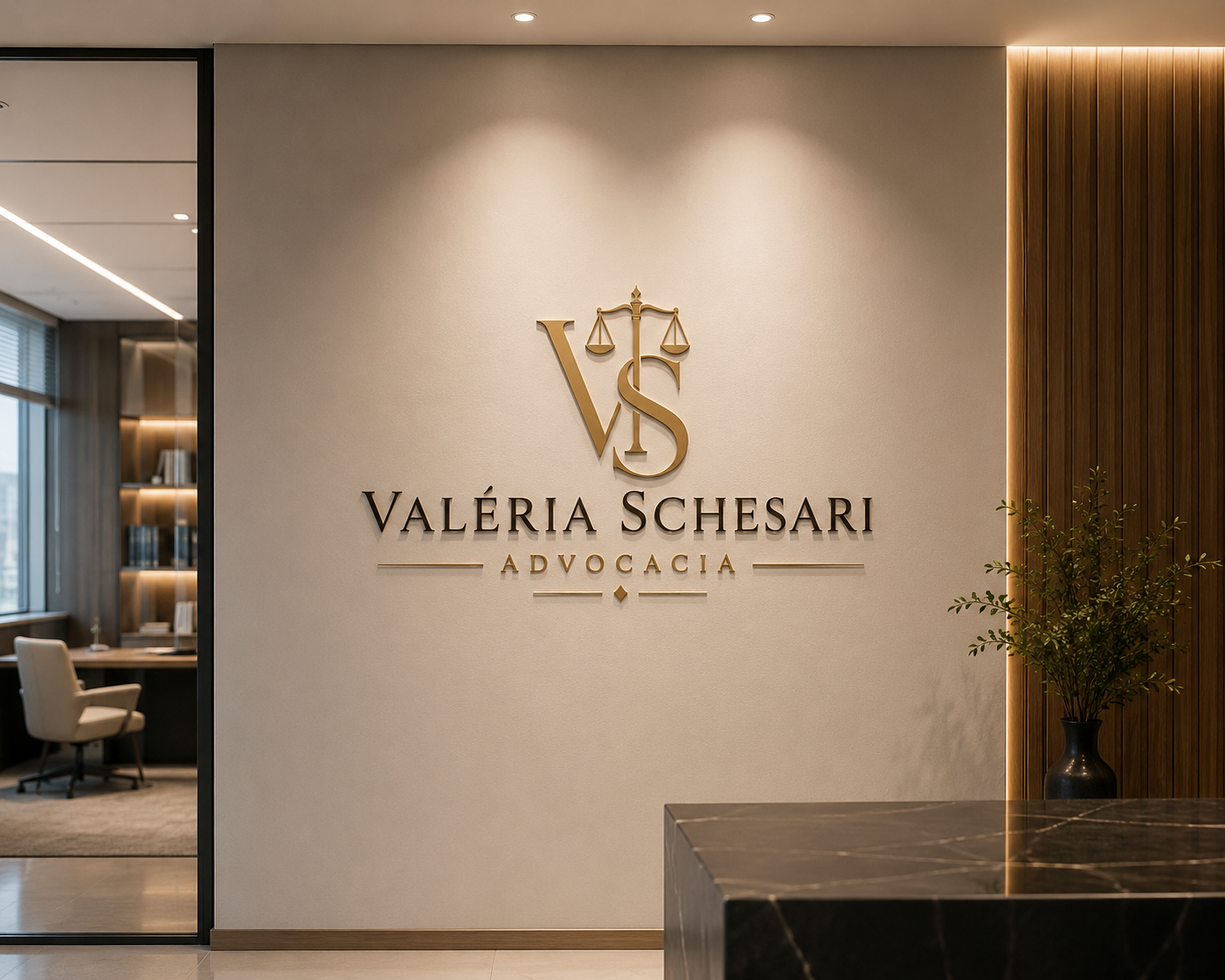 Recepção do escritório Valéria Schesari Advocacia com logotipo dourado na parede